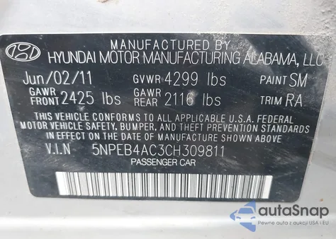 2012 Hyundai Sonata Gls Pzev z USA, uszkodzony, nr VIN 5NPEB4AC3CH309811